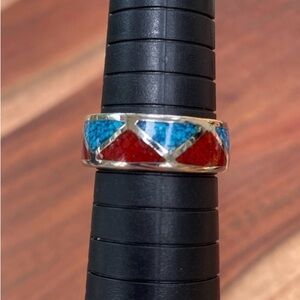 Southwestern Style Turquoise and Coral Chip Inlay Silver Toned Unisex Ring